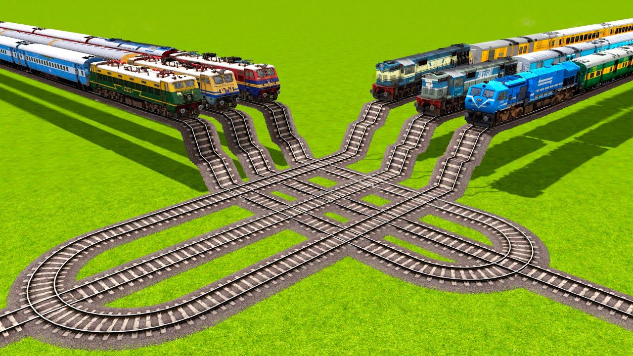 THREE DIESEL TRAINS AND THREE ELECTRIC TRAINS VS DOUBLE CURVE STAIR RAILROAD TRACKS|Train simulator|