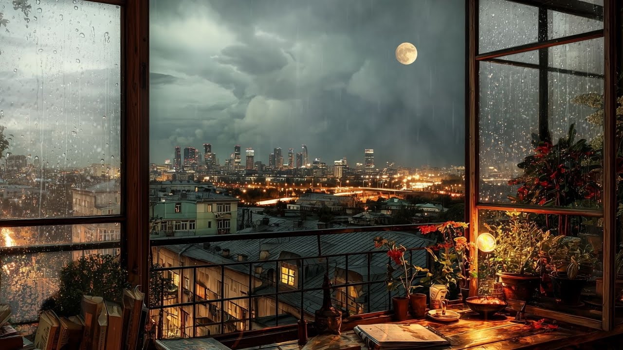 Midnight City Rain under an Amber Moon, Distant Thunder | 3 Hours Sleep & Relaxation Ambience