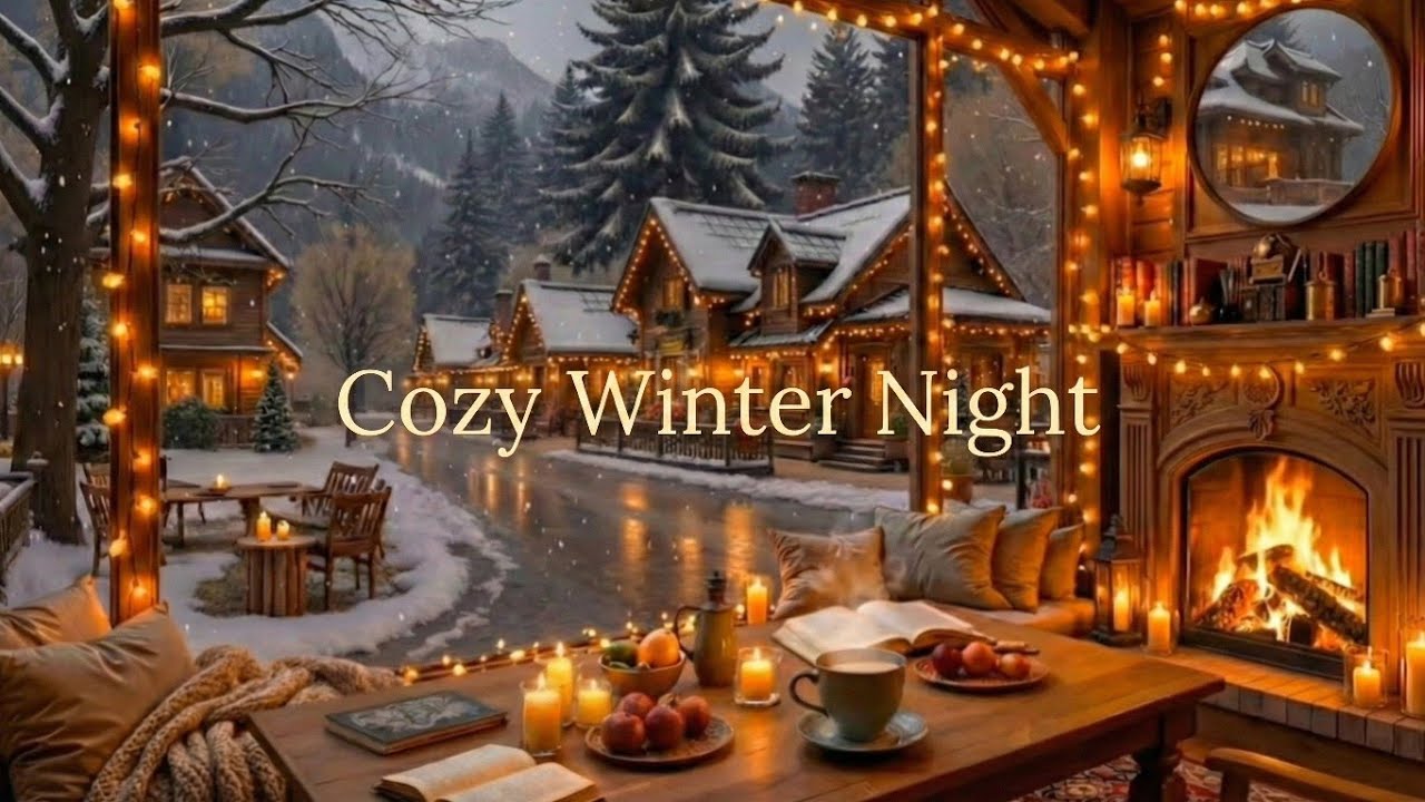 Cozy Winter Night in the Mountains | Fireplace, Snowfall & Warm Lights | Amber Nights