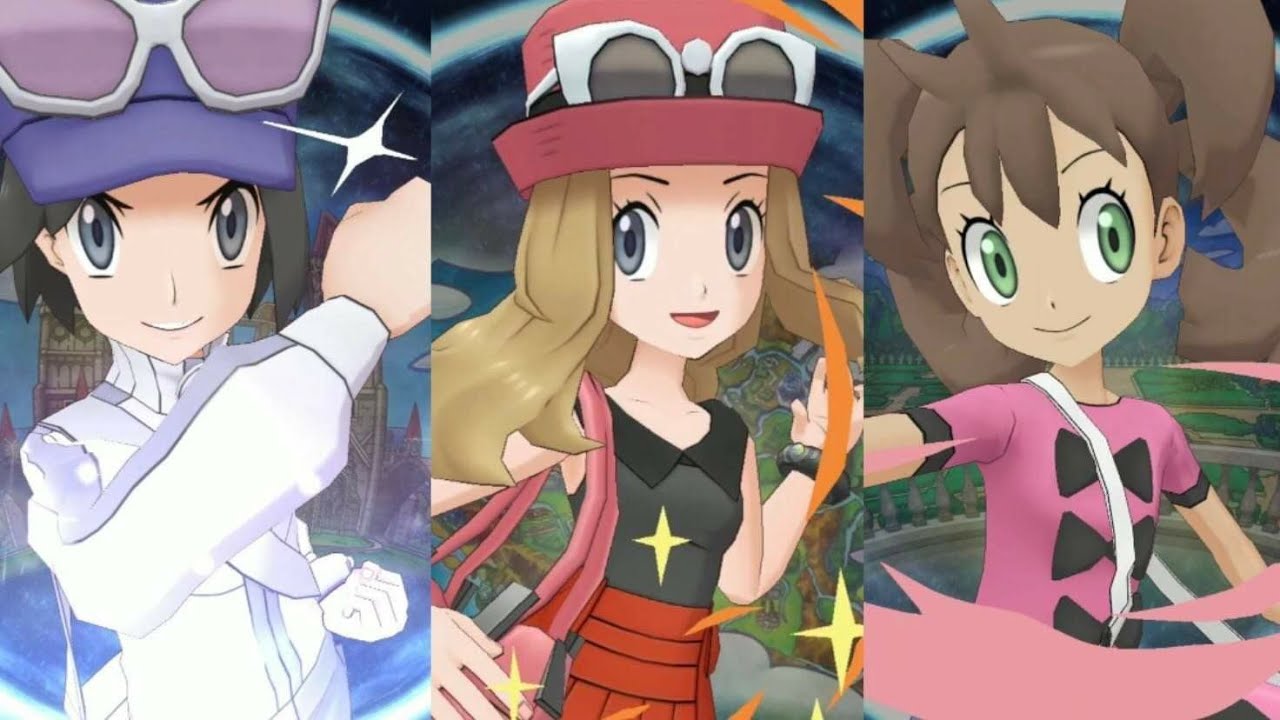 Calem and Serena catch up with Shauna across different boss battles [Pokemon Masters EX]