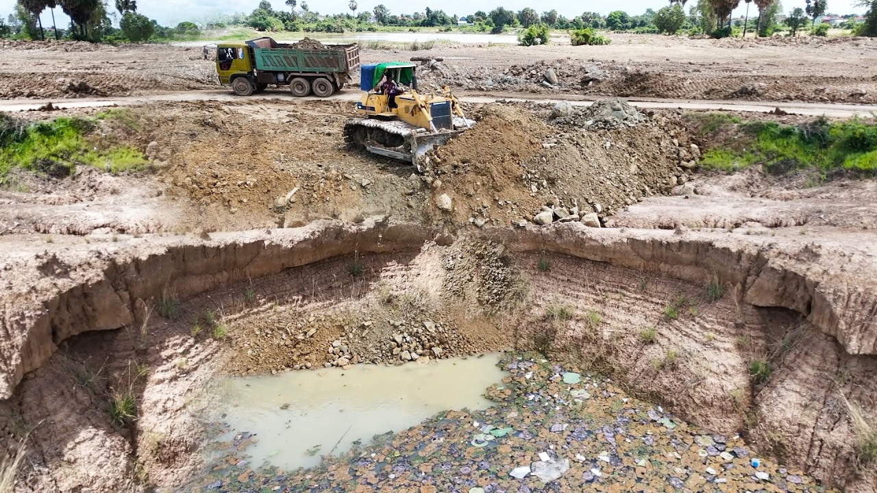 Be Incredible! Skill KOMATSU Bulldozer Filling Up Large Pond With Team Trucks Pouring 