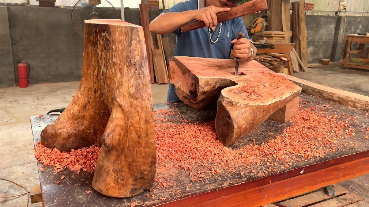Woodworking From A Tree Stump To A Sturdy Two- Legged Table With A Pair Of Swallows As A Highlight