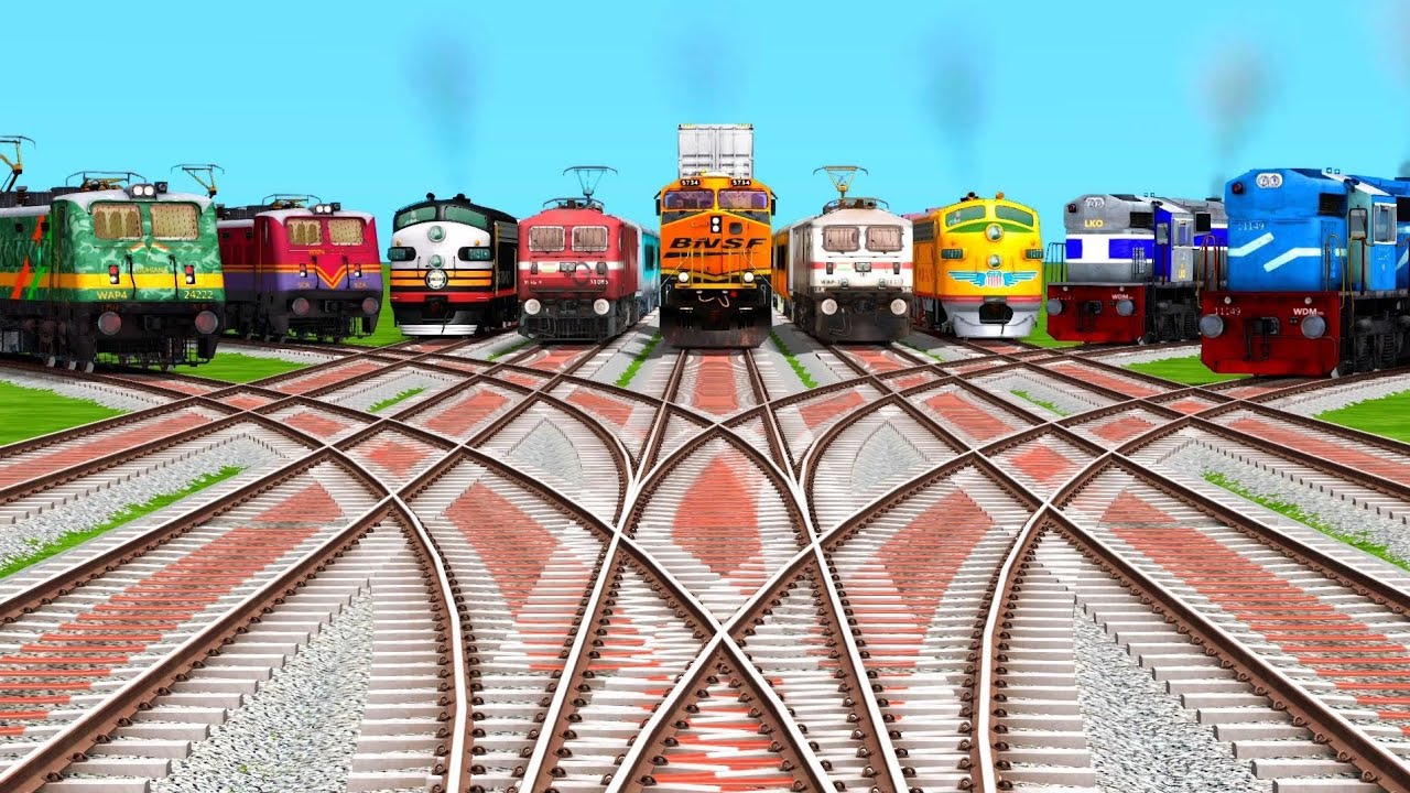 9️⃣ Trains At Railroad Crossings By Bumpy Curved & Branched Railroad Tracks | indian train simulator