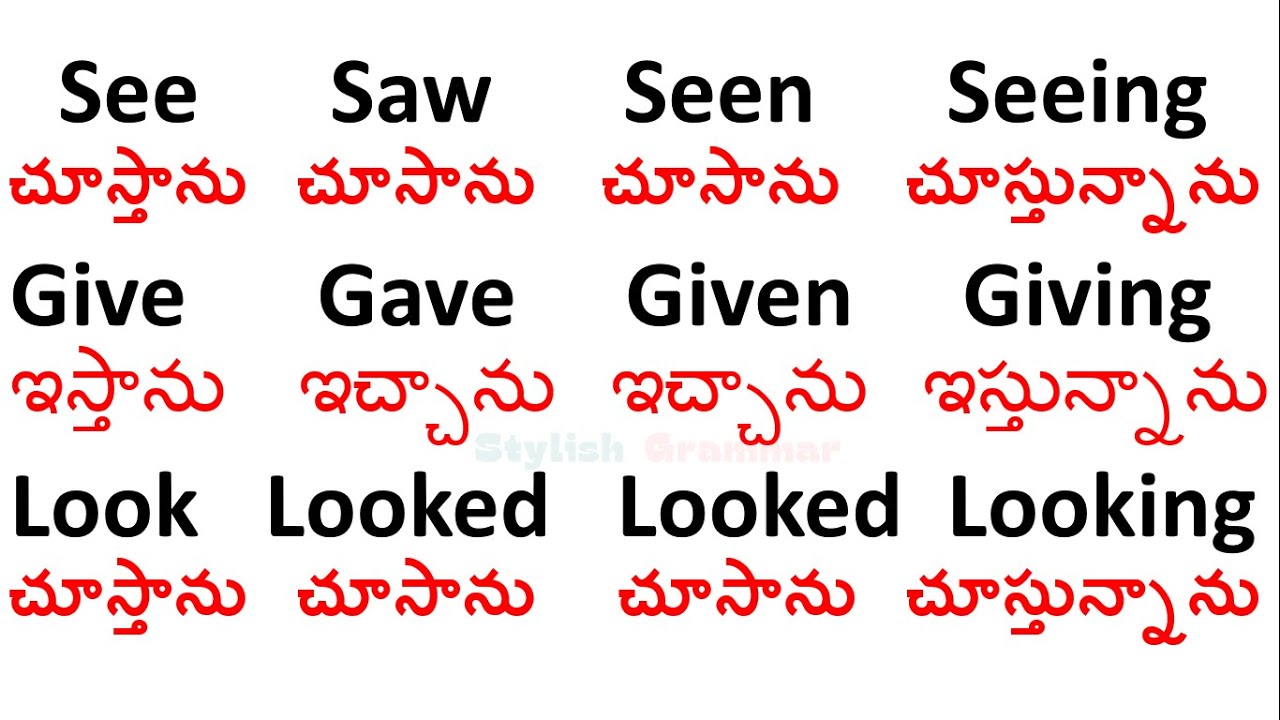 Learning English to Telugu Verbs Forms Verb1 Verb2 Verb3 Verb4 | Complete Guide with telugu meanings