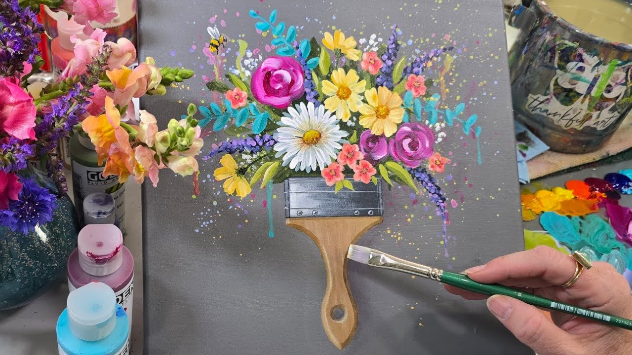 How to Paint a Floral Paint Brush Acrylic Painting Tutorial