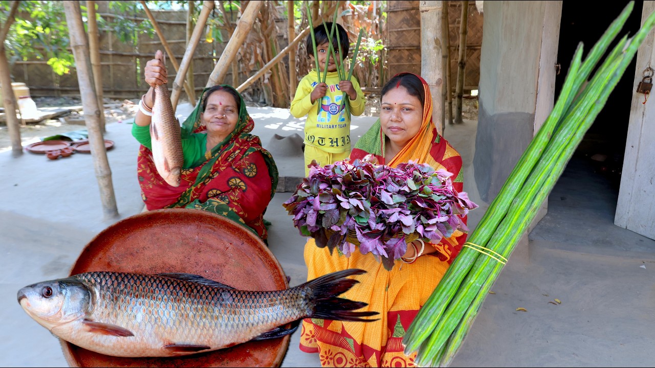 মায়ের হাতের মন ভোলানো রুই মাছের হালকা ঝোল ও লাল শাক রান্না / Rui fish & red spinach recipe
