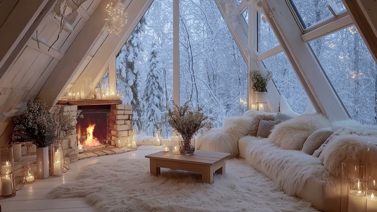 Cozy Winter Lounge Piano with Fire & Snow ❄️🔥 | Calm Focus, Relax Mind & Boost Your Mood | Aurelune