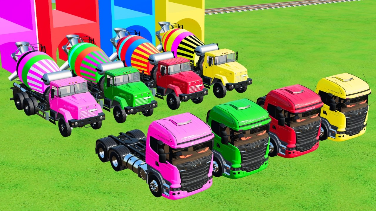 Transporting Colorful Mixer Trucks & Double Flatbed Trailers on Dangerous Terrain FS22 #97