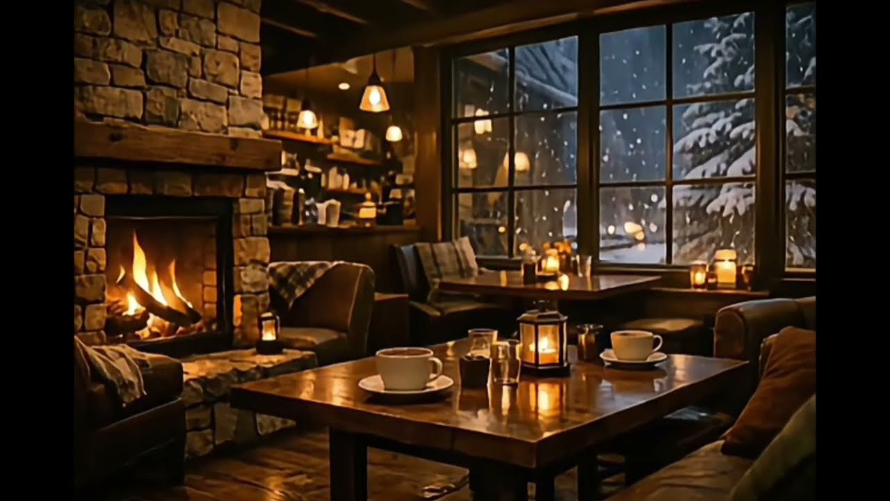 Cozy Cafe Fireplace Ambience with Snowfall / Relaxing Winter Coffee Shop Sounds