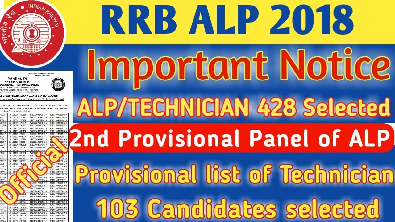 RRB ALP/TECHNICIAN 2nd Provisional panel for the post ofALP/ PROVISIONAL PANEL FOR TECHNICIAN//