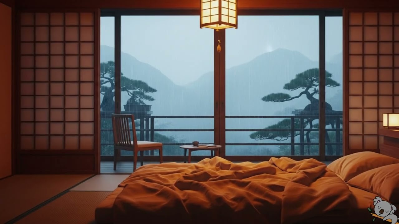 Rainy Mountain View from a Cozy Wooden Room | Deep Relaxing Sleep Music & Soft Rain Ambience
