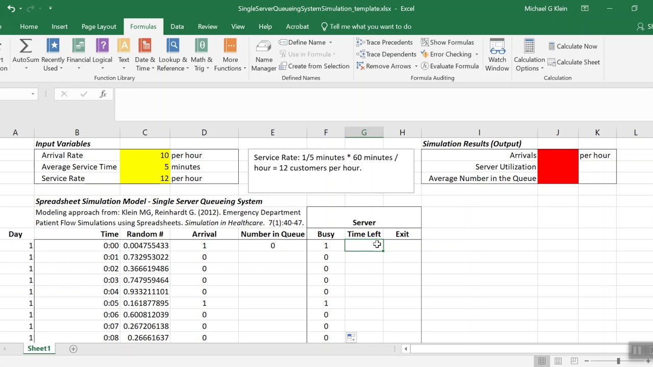 Spreadsheet Simulation Model - Single Server Queueing System BY MINUTE (Model 1)