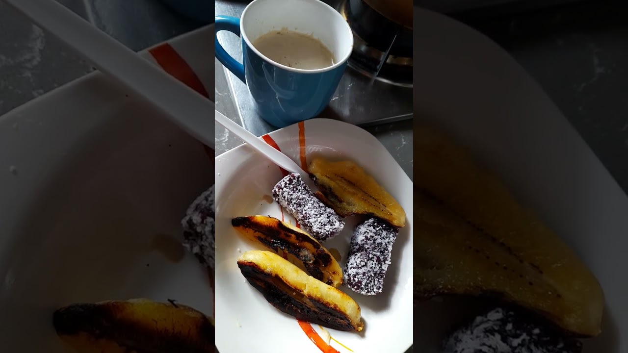 breakfast fried banana purple sticky rice &milk coffee