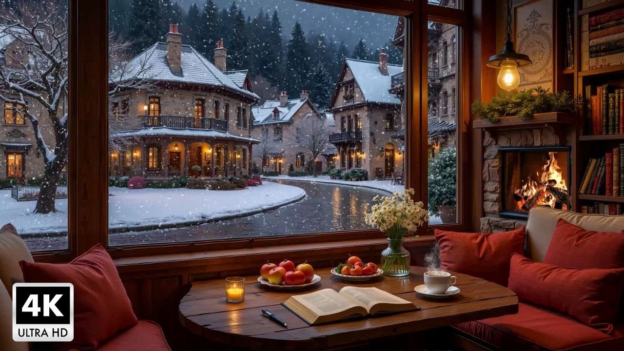 Beautiful Winter Coffee Shop ~ Relaxing Jazz Piano Music and a Warm Fireplace for Study & Sleep