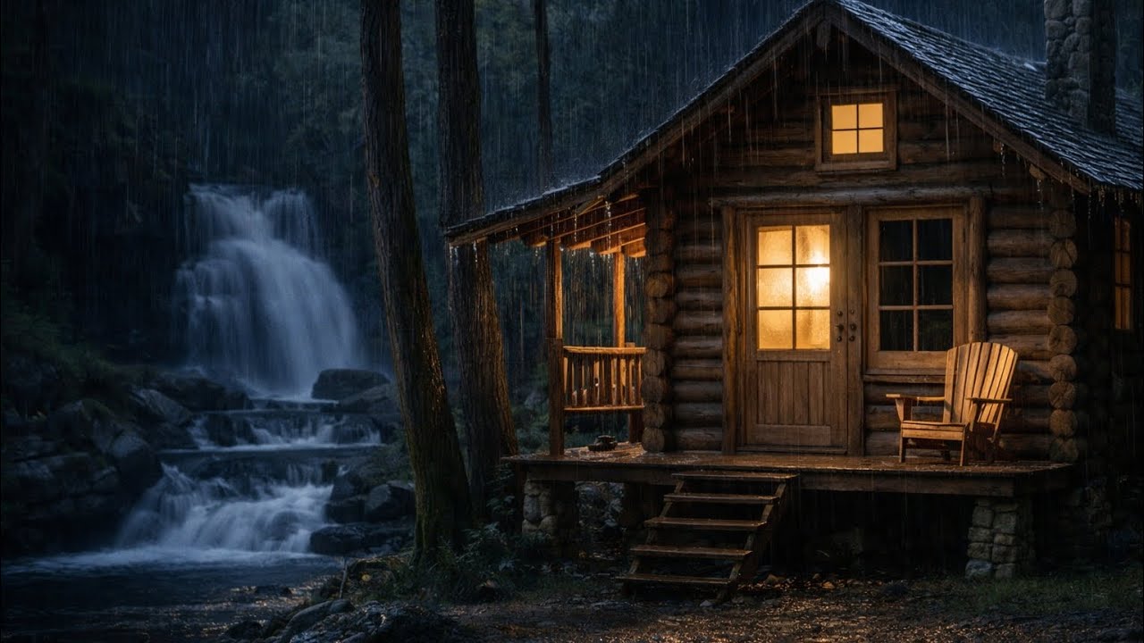 Rainy Night Cabin by the Waterfall | Relaxing Forest Ambience & Nature Sounds