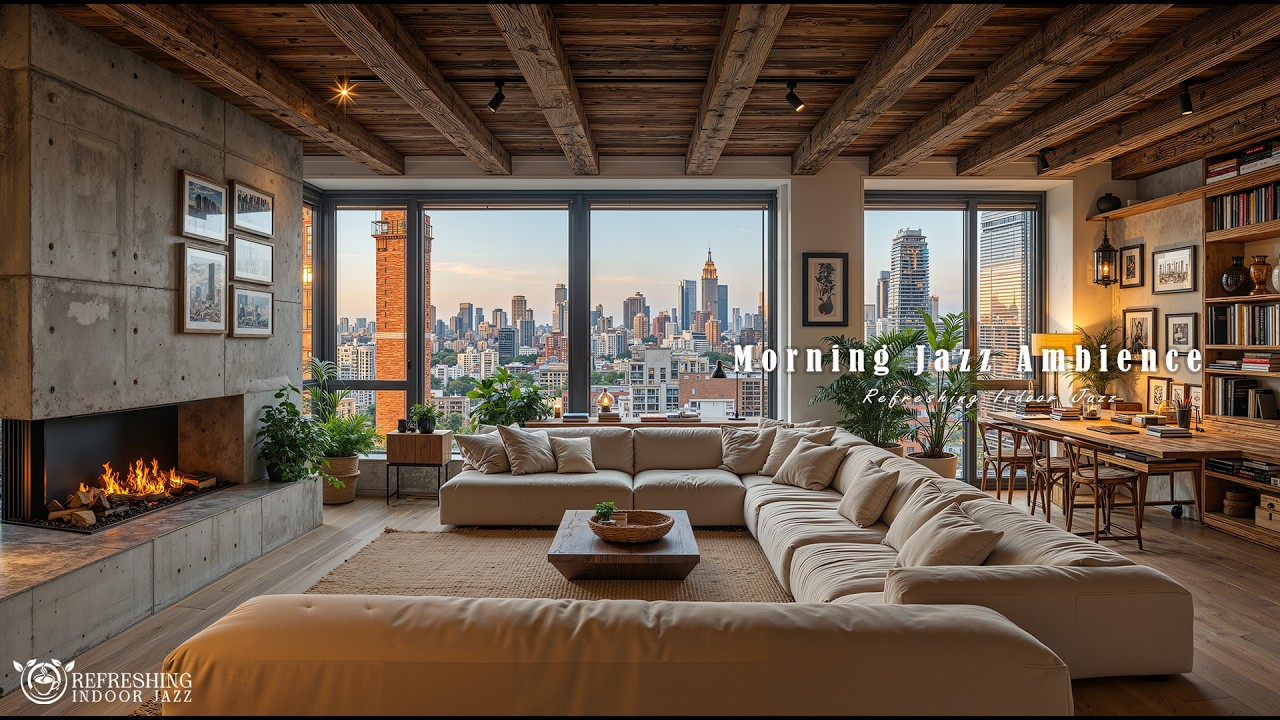 Morning Living Room in a Cozy Jazz Ambience | Gentle Jazz Melody with Fireplace Sounds for Focus