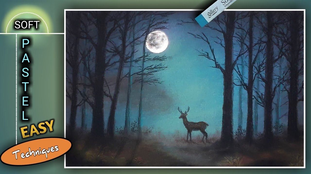 How To Draw A Forest Deer, Moon Night Scenery | Night View Forest Drawing