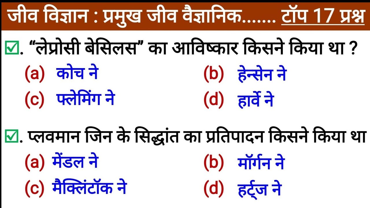 Biology : #3 ChapterWise MCQs प्रमुख जीव वैज्ञानिक (Important Bio Scientist) RRB NTPC,JE,SSC,CGL,etc