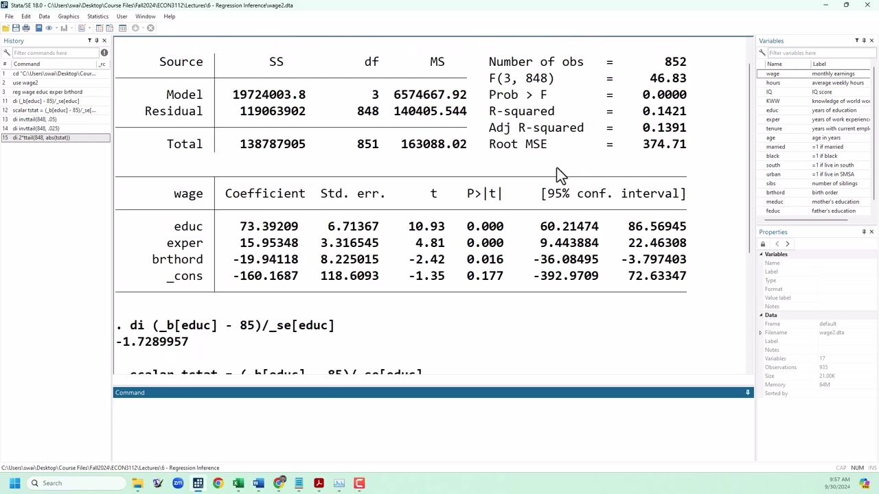 Stata Basics: t Tests on Regression Coefficients