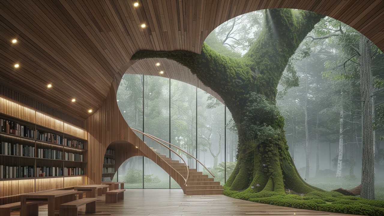 Rainfall Sanctuary | A Silent Library of Time with Spiral Stairs and an Ancient Tree