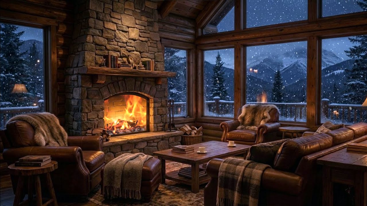 Cozy Winter Cabin Fireplace ❄️🔥 Snowfall, Mountain View & Relaxing Evening Ambience