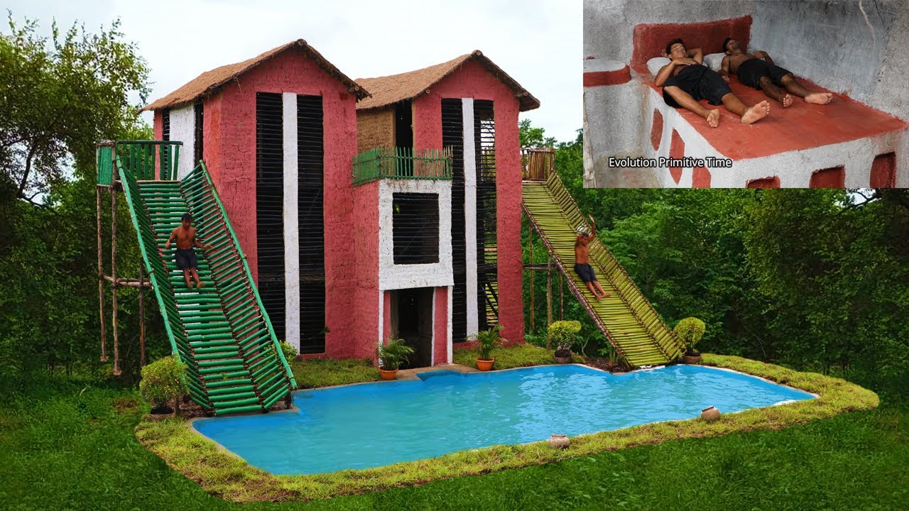 189 Days Build Underground Room, 3 Story Twin Villa, Swimming Pool, Bamboo Water Slide & Palm Tree