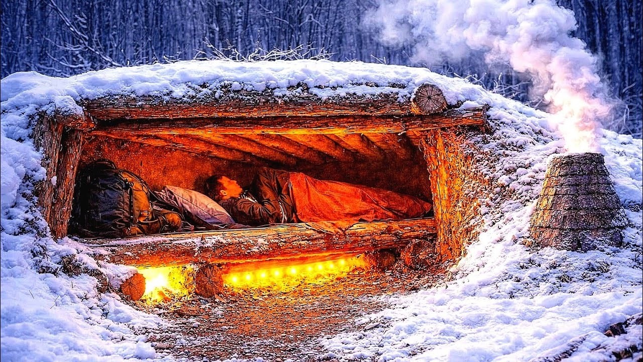 Building a Complete Bushcraft Survival Shelter with a Heated Bed.