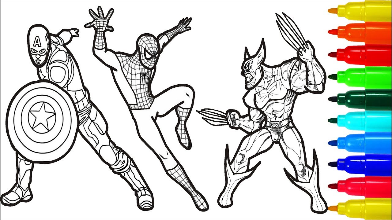 Spiderman Iron Man Deadpool Captain America Wolverine Coloring Pages | Superheros Coloring Pages