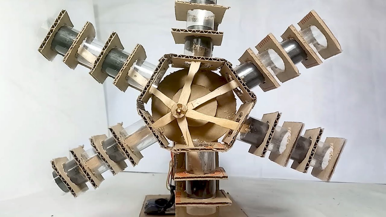 Potente motor radial de 6 cilindros construido con materiales reciclables muy fácil de hacer en casa