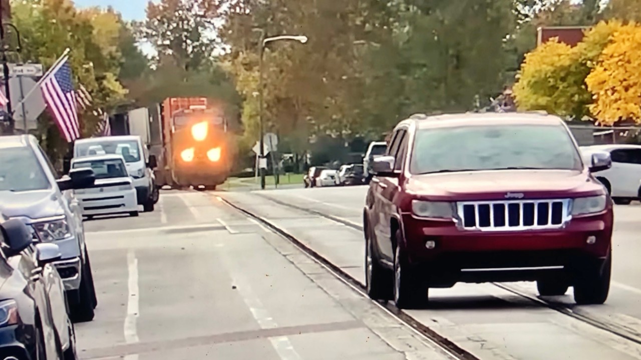 Truck Doesn't Know What To Do, Street Running Train Coming! Train Runs Stop Sign,Drops Signal REPOST