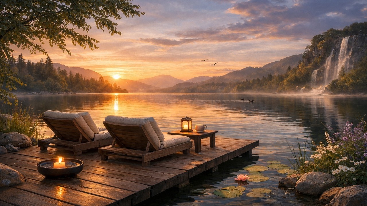 4K Sunset Lake Ambience | Relaxing Waterfall & Warm Breeze (2 Hours)
