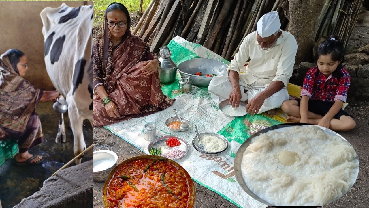 न्याहरील सकाळी एळुन केलेल्या शेवया दुध तूप साखर आणि दुपारच्या जेवणात मसुर डाळीचा डाळकांदा , भाकरी