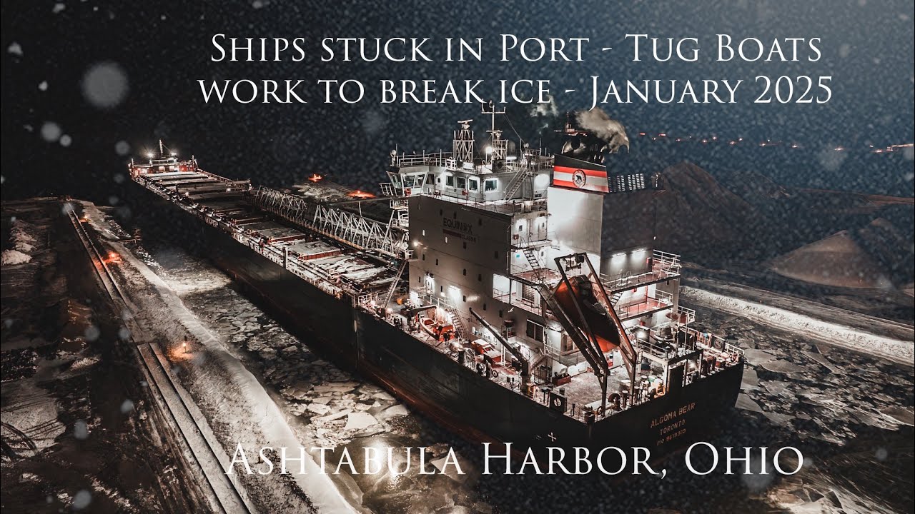 Footage from Ashtabula and Buffalo of freighters stuck in ice - 4 days stuck in the ice