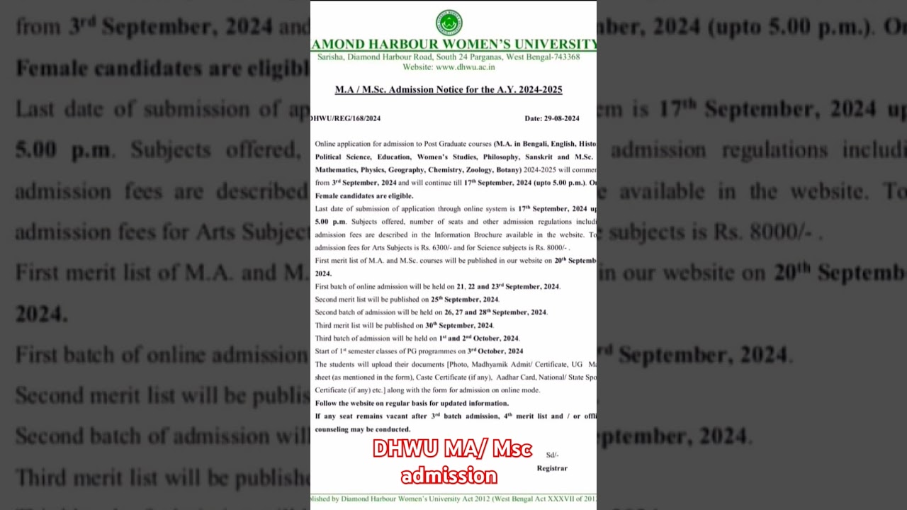 DIAMOND HARBOUR WOMEN'S UNIVERSITY  MA/ Msc ADMISSION ONLINE APPLICATION NOTIFICATION