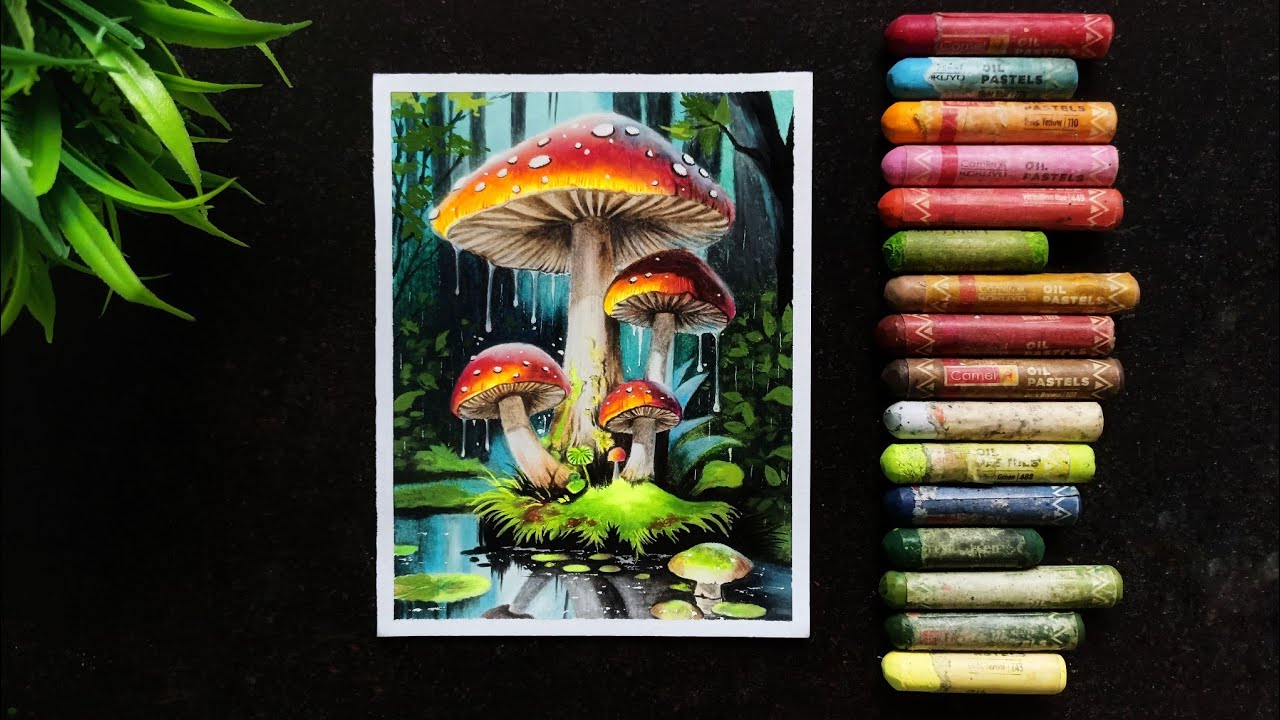 Mushroom in the Forest Drawing/ Oil Pastel Drawing