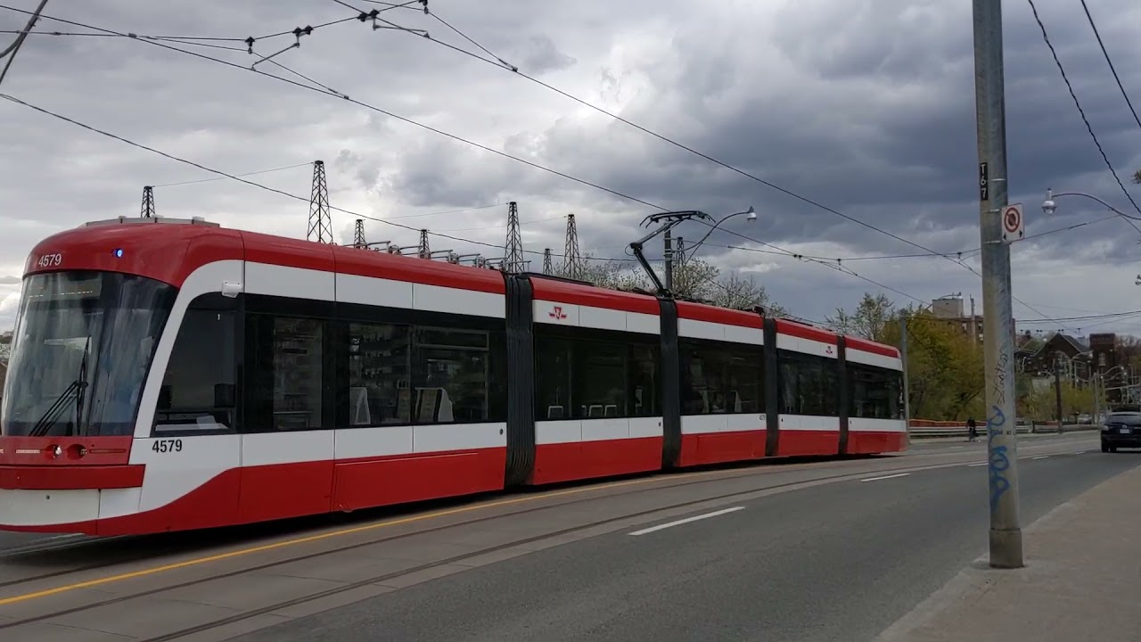 TTC streetcar 4579 on Main Street bridge with pantograph up