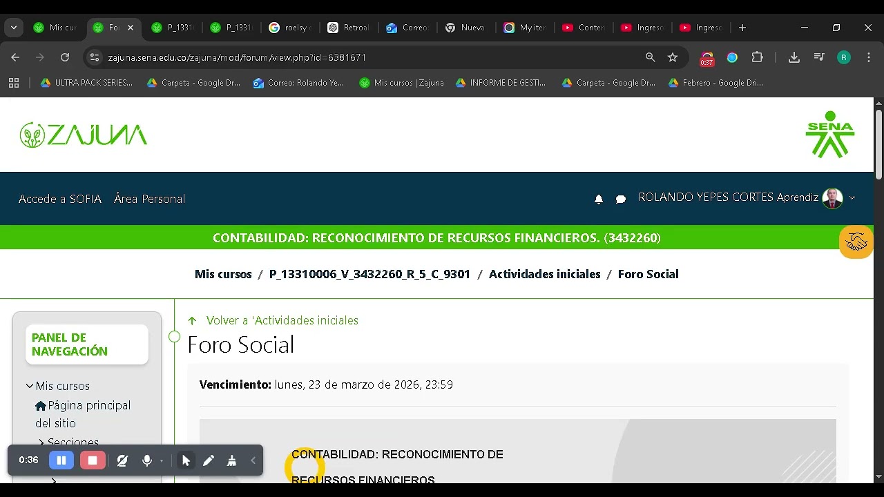 Presentación en el foro social en plataforma  Zajuna - Sena