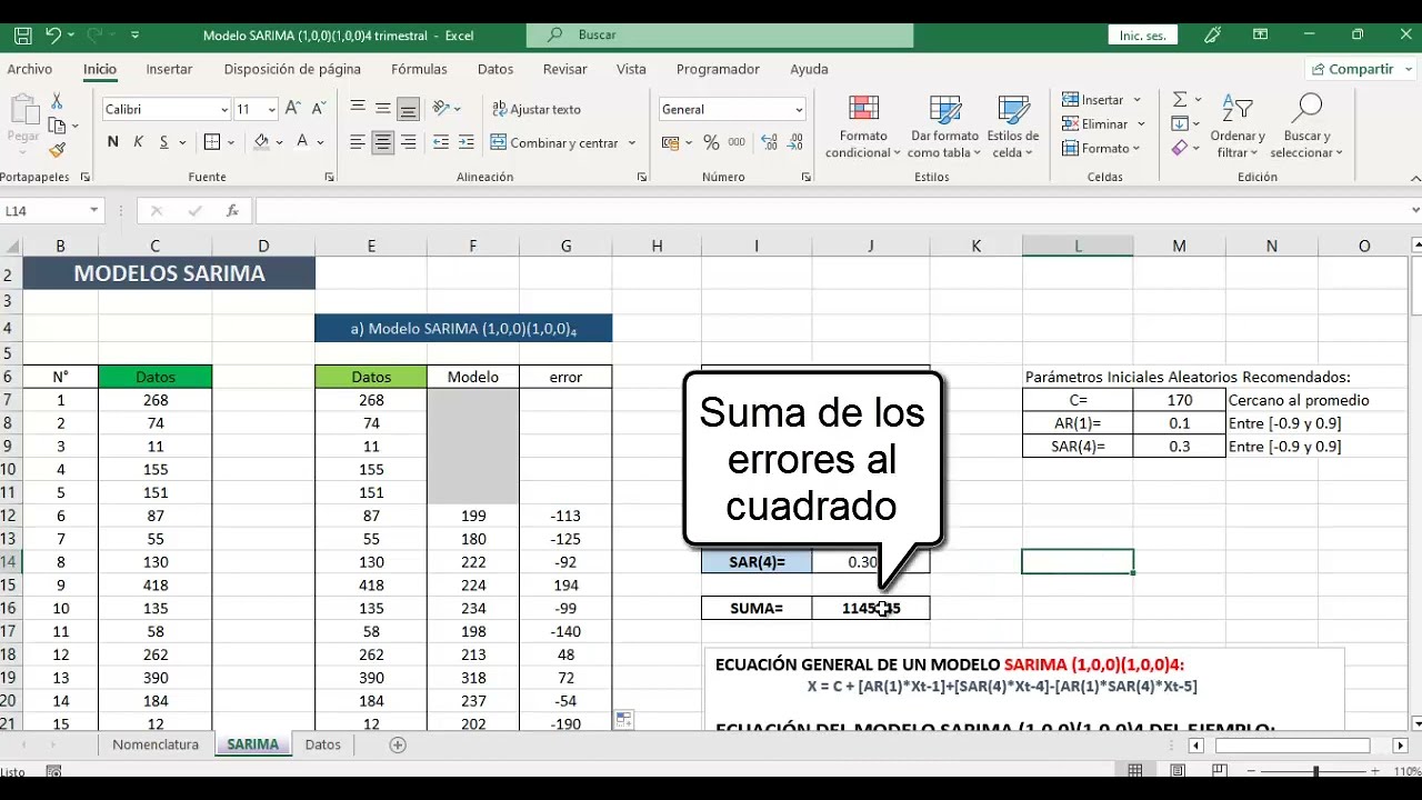 Modelo SARIMA (1,0,0)4 - Pronóstico (Excel - Fácil)