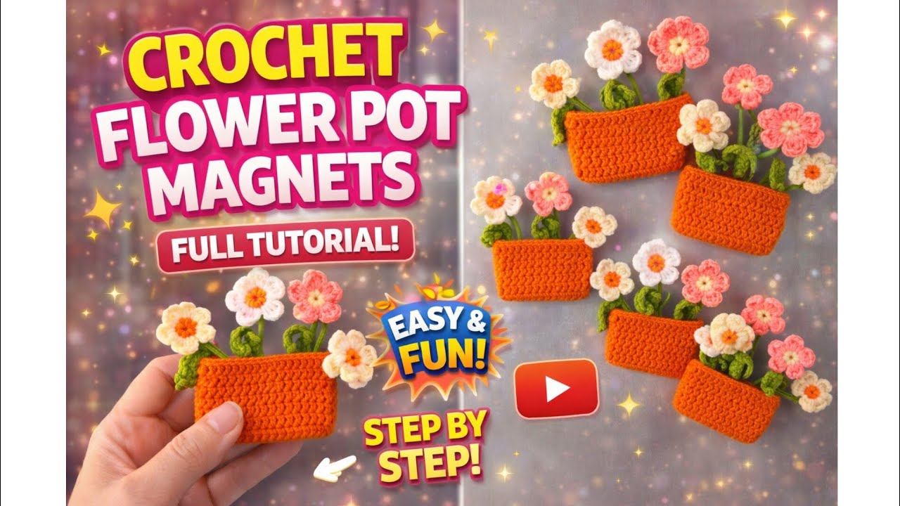 Easy Crochet Flower Pot Magnets 🌼 | Step by Step Tutorial for Beginners