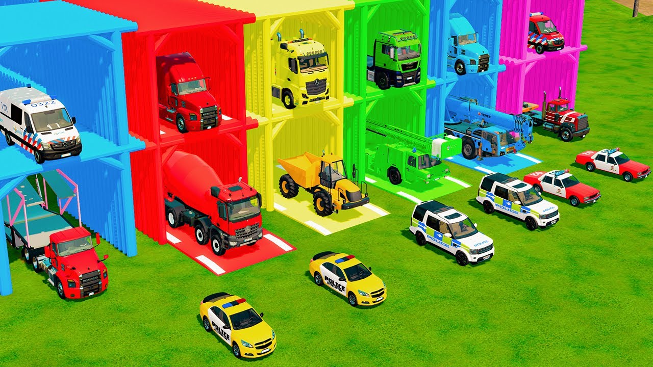 TRANSPORTING EMERGENCY & PUBLIC WORK VEHICLES, POLICE CARS, DUMP TRUCK, FIRE ENGINE TO GARAGE - FS22