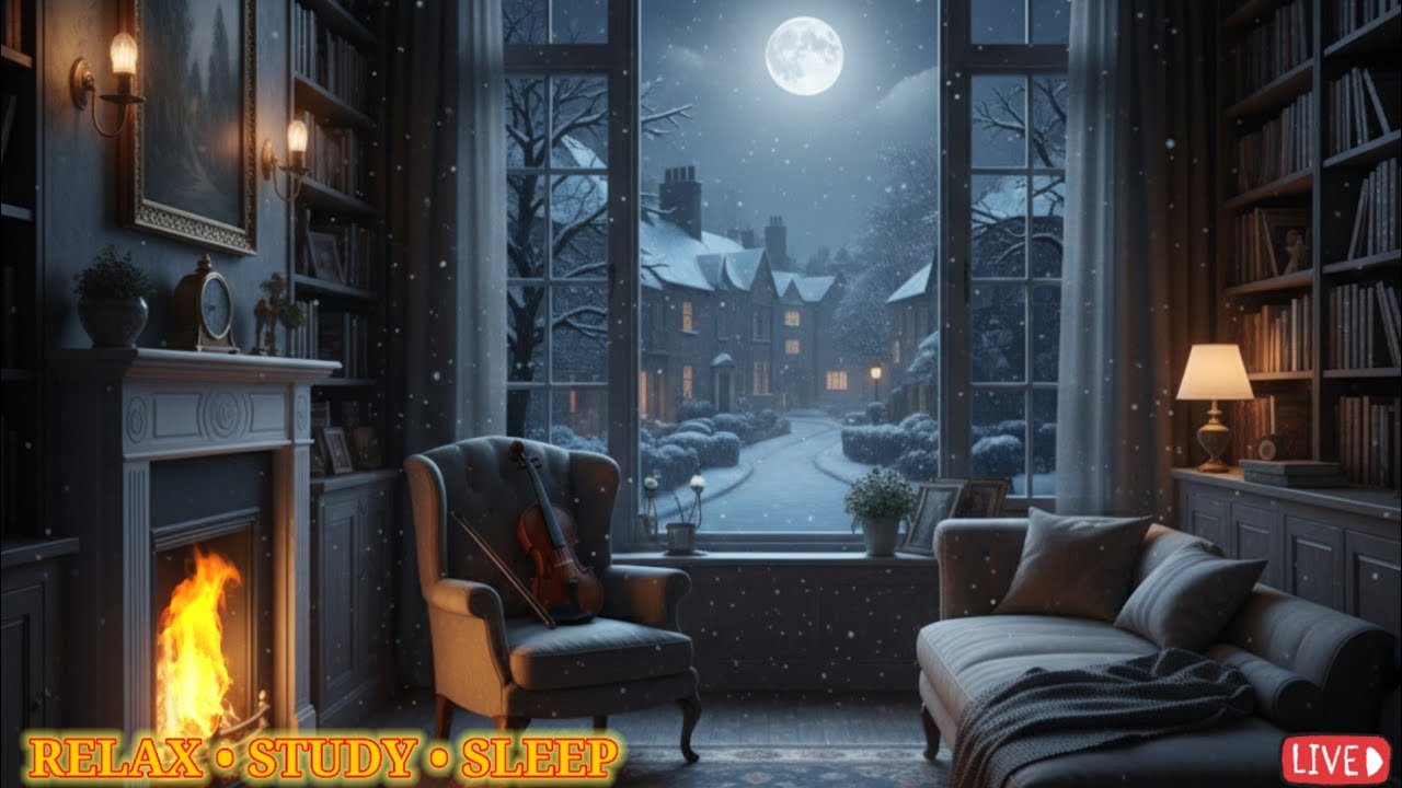 Deep Relaxing Violin 🎻 Fireplace Ambience | Night Moon for Sleep & Focus