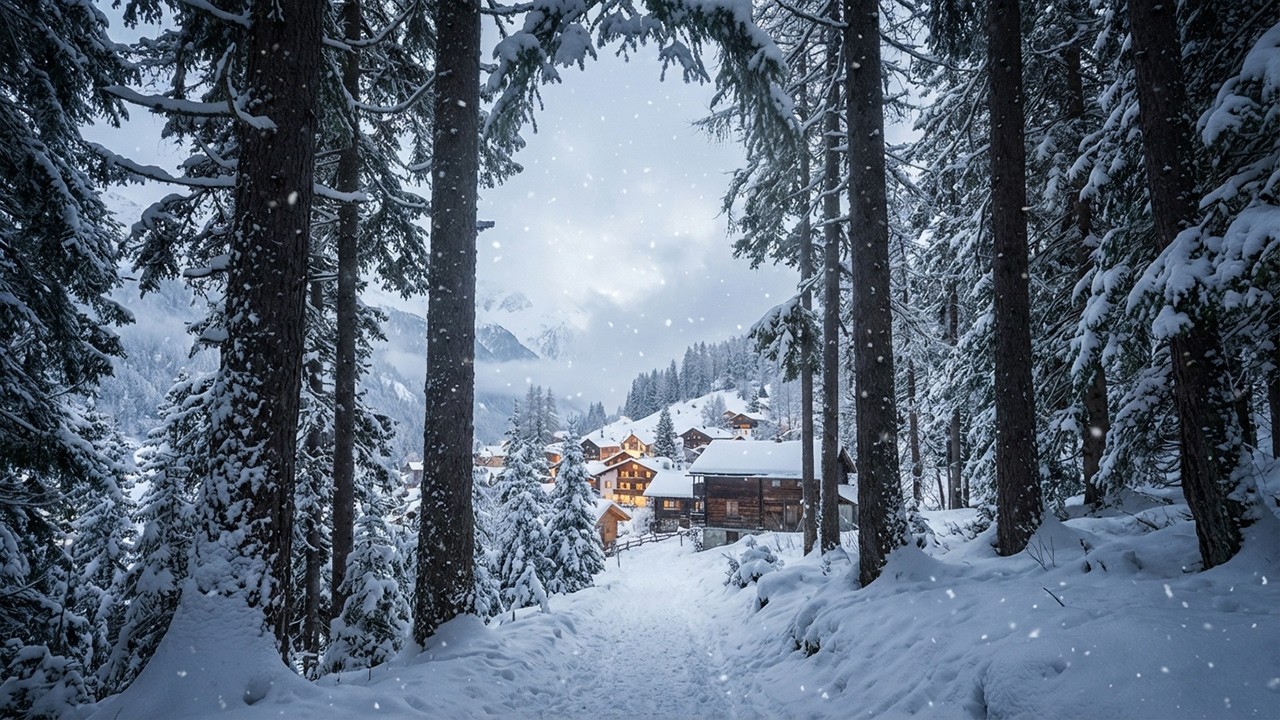 Deep Winter Forest Village – Soft Snow Ambience with Gentle Piano for Study, Focus & Sleep