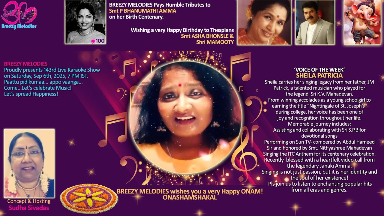 BREEZY MELODIES Proudly presents 143rd Live Karaoke Show on Saturday, Sep 6th, 2025, 7 PM IST.