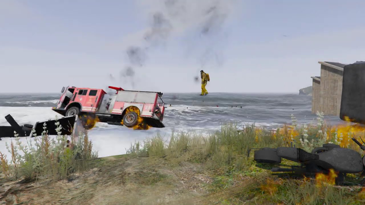 GTAV - NPCs Stunt Jump Vehicle into the Sea #02 | Ground Cam