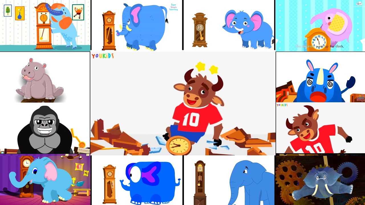 HICKORY DICKORY DOCK || 8 ELEPHANT, HIPPO, RHINO, GORILLA & BULL || NEON OUTLINE FX + RAINING SNOW