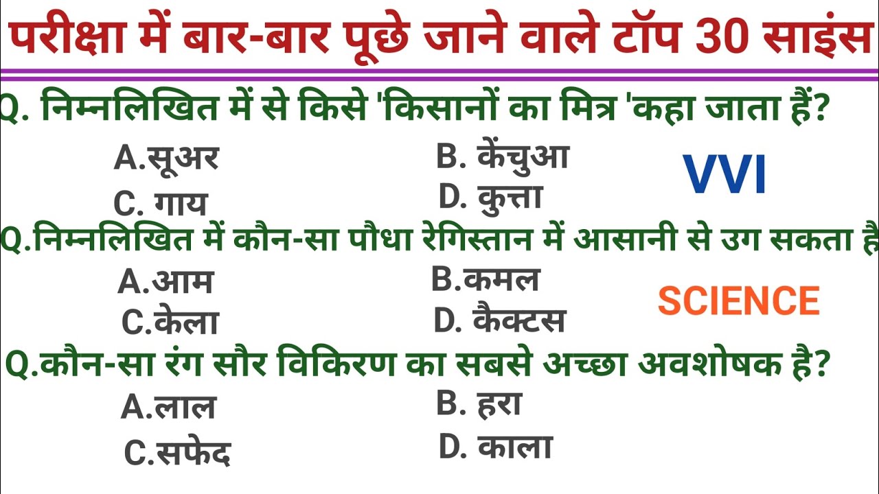 Science Top 30 GK Questions | विज्ञान के 30 सबसे महत्वपूर्ण प्रश्न | Science GK Quiz Hindi