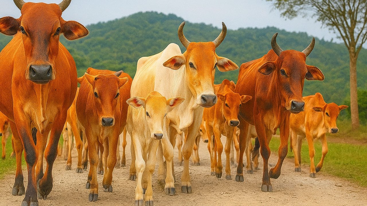Vidio Mengembala sapi-sapi jinak bergerombolan menyusuri jalan menuju sawah hijau luas,Suasana alam.
