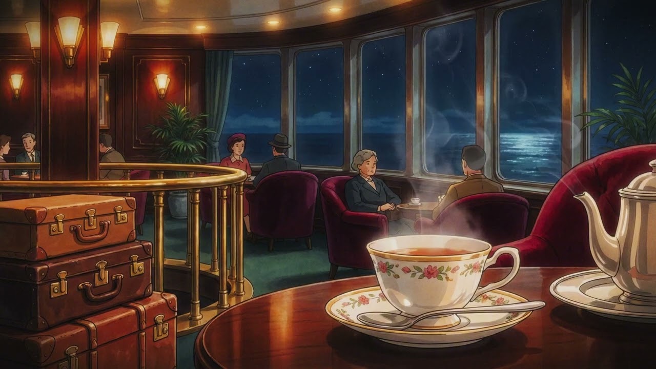 1950s Luxury Cruise Ambience | Smooth Midnight Jazz & Ocean Waves (2 Hours)