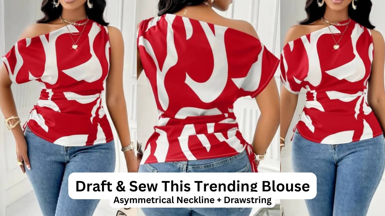 Asymmetrical Neckline Blouse | Side Drawstring & One-sleeve Kimono Style Sewing Tutorial.