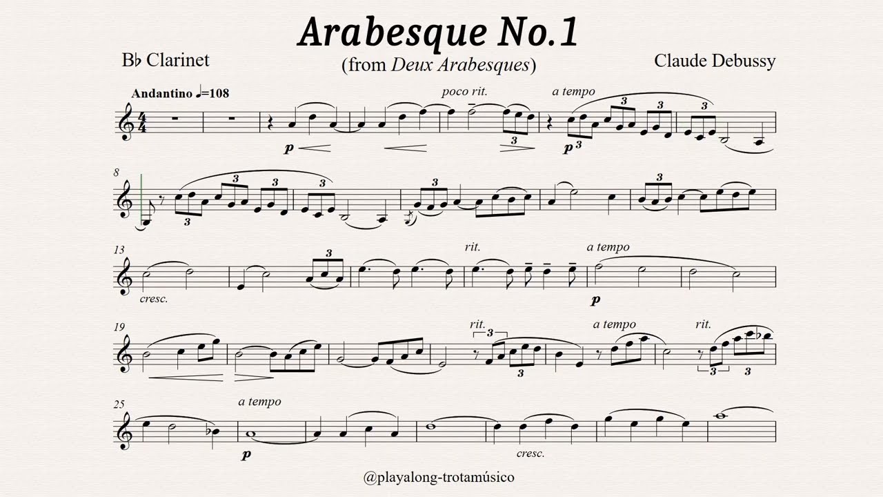 Clarinet Playalong - Arabesque No.1 (Debussy) Bb Clarinet sheet music with Piano accompaniment
